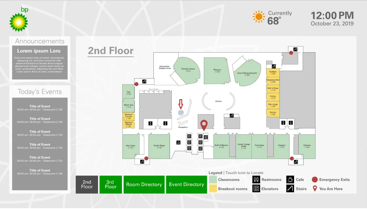 Launched wayfinding screen: second-floor map with a You Are Here pin, floor buttons, and room and event directory buttons