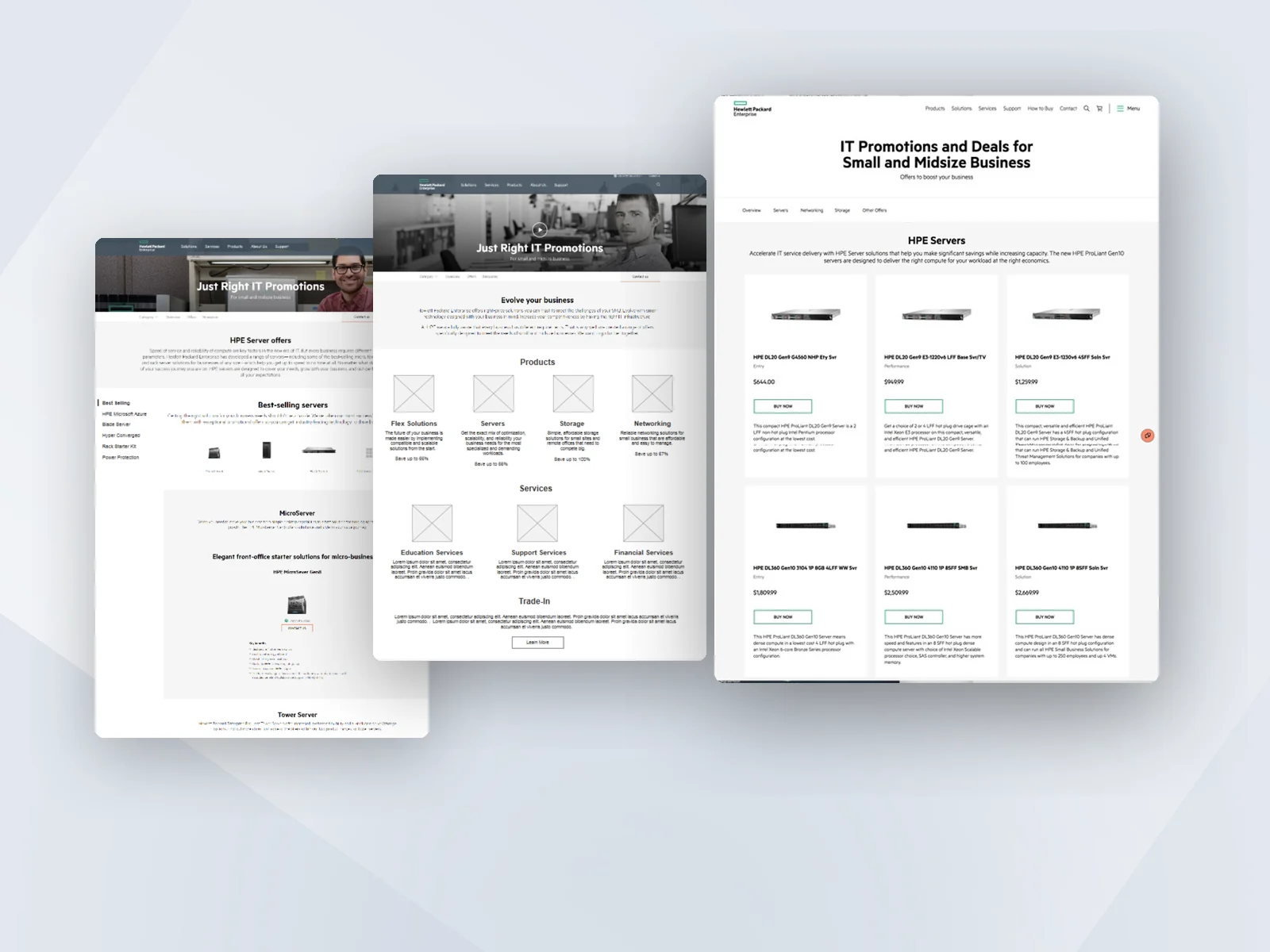 HPE original promotions page, redesign wireframe, and final promotions hub