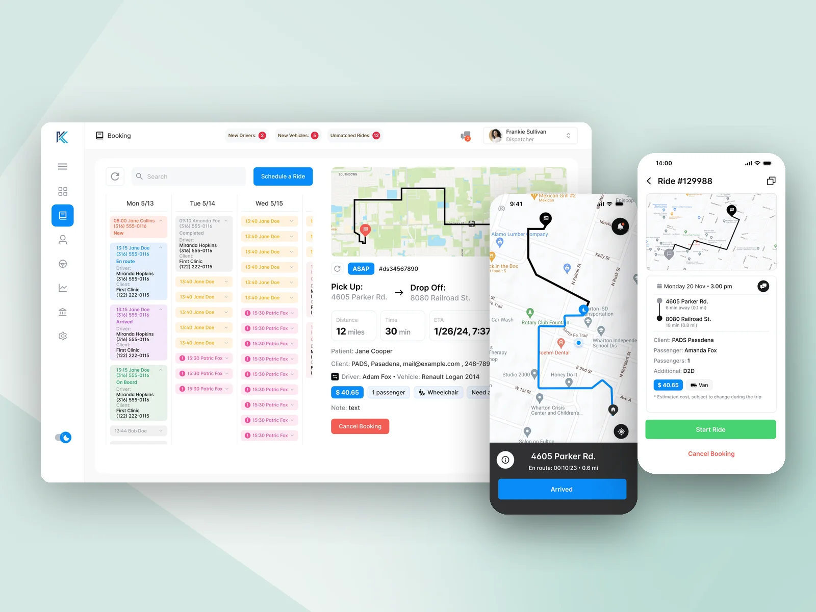 Kerico dispatcher booking view beside the driver app's route and ride screens