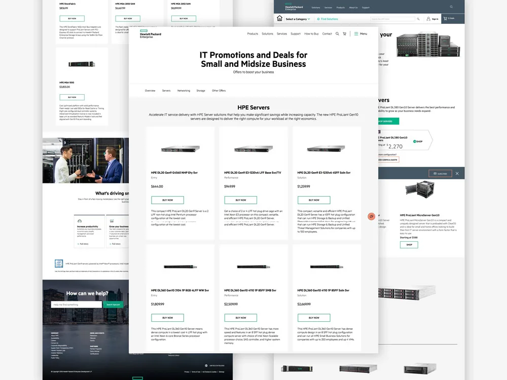 Final designs: HPE IT promotions page for small and midsize business layered over product pages