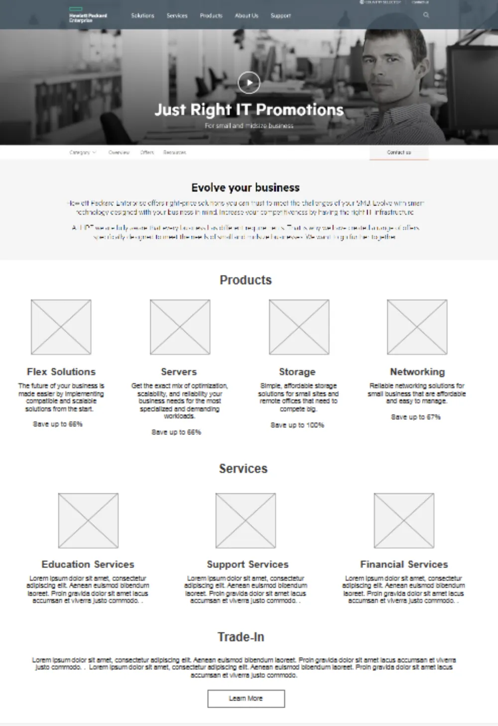 Wireframe of the consolidated promotions hub with products, services, and trade-in sections