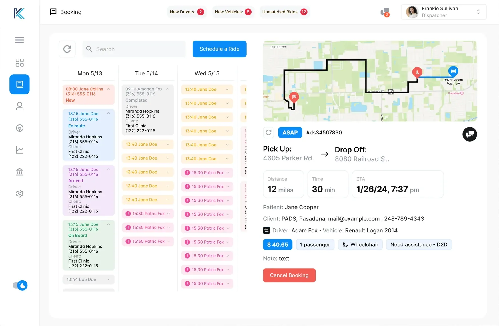 Dispatcher booking view: a weekly ride schedule beside a map with pick-up, drop-off, driver, and patient details