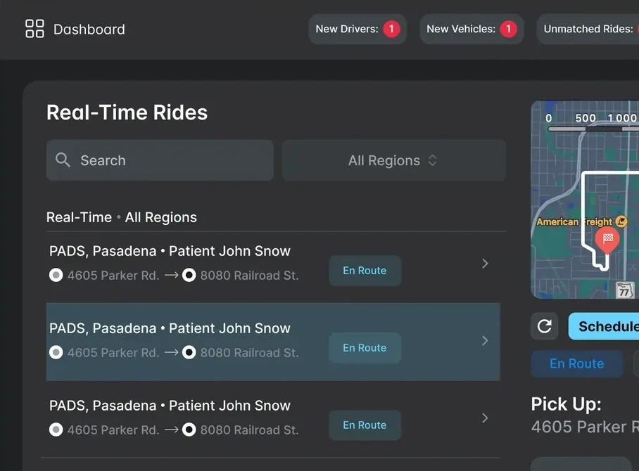 Real-time rides view listing active rides with status, and an Unmatched Rides counter in the header
