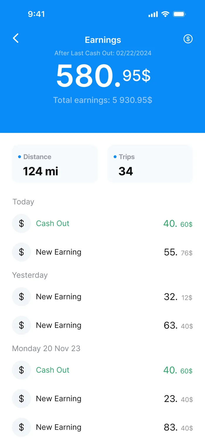 Driver app: earnings, distance, trips, and cash-out history
