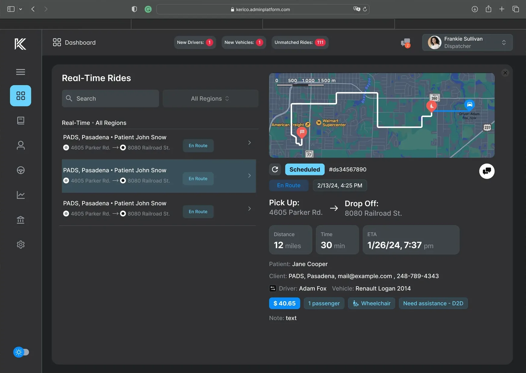 Real-time rides dashboard in dark mode, listing active trips beside a live route map