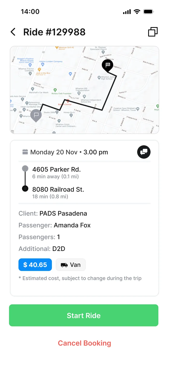 Driver app: ride details with route, passenger, and estimated fare