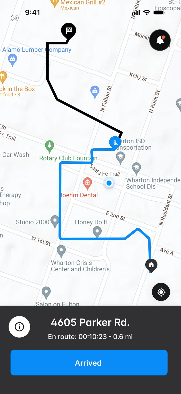 Driver app: turn-by-turn route to the pick-up address
